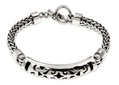 An ornate amulet with woven sterling silver on each side makes a beautiful bracelet. From Wayan Asmana, this bracelet speaks in symbols, conjuring a universal symbol of peace. It is a superb example of modern Balinese design. Sterling Silver Toggle Clasp 7.5 Inches Handmade in & fairly traded from Indonesia Balinese Design, Silver Braided Bracelet, Symbol Of Peace, Rings Vintage, Printed Jewelry, Braided Bracelet, Silver Chain Bracelet, Fancy Diamonds, 925 Sterling Silver Chain