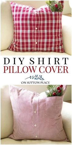 a pillow that is sitting on top of a couch with the words diy shirt pillow cover