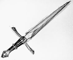 a black and white drawing of a large knife with sharp blades on it's blade