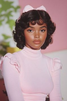 Black Women Vintage Hairstyles, Princess Era Aesthetic, Looking Around Pose Reference, Big Curls Natural Hair, People References Poses, Soft Hairstyles Aesthetic, Black Ppl Aesthetic, 70s Black Women Hairstyles, Cottage Core Black Women