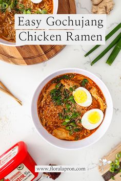 A bowl of red broth with ramen noodles, scallions, and halved eggs on a white counter. Garlic Chicken Ramen, Gochujang Ramen Noodles, Ramen Gochujang, Miso Gochujang Ramen, Fried Chicken Ramen, Ramen With Gochujang, Gochujang Ramen Recipe, Ground Chicken Ramen, Gochujang Ramen