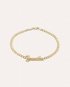 Personalize this fun and uber chic Cuban link name bracelet in 14k yellow gold in our block font. Wear it up or down by itself or layered, this bracelet will be your new obsession. NOTE: For longer character selection the block name will feature slight curve in order to contour wrist comfortably. This style can accommodate up to 8 characters max Links: Approx. 3mm(W) cuban chain Initial Height: Approx. 5mm(H) Font choices: Block, Standard Script, and Gothic Standard Production: 5-10 business day H Font, Name Pendent, Block Fonts, Block Font, New Obsession, Name Bracelet, Cuban Chain, Cuban Link, Girly Jewelry