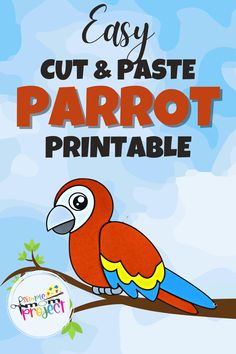 the easy cut and paste parrot printable is shown on a blue background with leaves