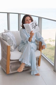 Indulge in ultimate comfort with our Baby Blue Daynaps Pajama. Made of bamboo fabric in stunning azo free dyes, this pajama can be worn day and night. With feminine ruffle details, elastic waist, and button closure, it offers a luxurious fit. Plus, it's machine washable for easy maintenance. The luxurious Baby Blue Daynaps Pajama will be shipped in January 2025. As a special touch, each order includes a beautifully illustrated card and a unique QR code that grants access to a collection of medit Bamboo Pajamas, Card Illustration, Bamboo Fabric, Dress Pant, Day And Night, Comfy Fits, Recycled Fabric, Skirt Pants, Summer Sale