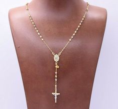 "3mm Tri-Color Diamond Cut Cross Rosary Crucifix Necklace Real 10K Tri Color Gold * Metal : Real 10K Tri Color Gold (Properly Stamped, 10K) * Condition : Brand New * Finish : Polished * Avg Weight : 17\" = 6.58 grams 20\" = 6.95 grams 27\" = 7.17 grams * Length : Selectable + 3\" Drop * Width : Bead : 3mm = 3/32\" Cross : 12mm = Just under 1/2\" * Clasp/Bail : Lobster Lock All of our items are brand new and are shipped with a gift box." Rosary Inspired Necklace, Cross Rosary, Makeup Images, Crucifix Necklace, Jewelry Accessories Ideas, Rosary Chain, Gold Price, Chain Link Necklace, Diamond Cut