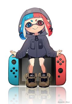 a cartoon character sitting on top of two nintendo wii game controllers