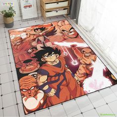 an area rug with anime characters on it in a room next to a dresser and window