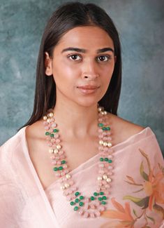 Vintage Rose Quartz And Jade Beaded Maala Riana by Shikha Jindal - Fabilicious Fashion Indian Theme, Indian Wedding Wear, Indian Jewellery Design, Rose Quartz Necklace, Green Tones, Jade Beads, Green Necklace, Vintage Rose, Stunning Jewellery