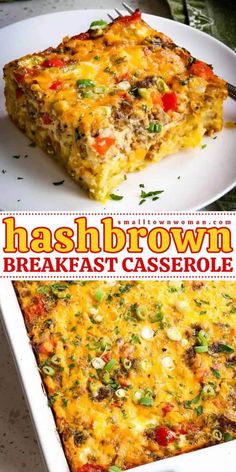 hashbrown breakfast casserole on a white plate with the title overlay