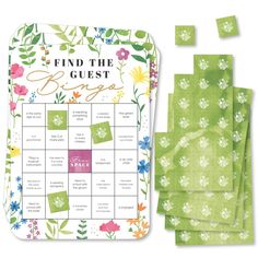 the find the guest game is shown with four pieces of green paper and flowers on it