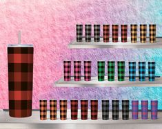 there are many plaid cups on the shelves