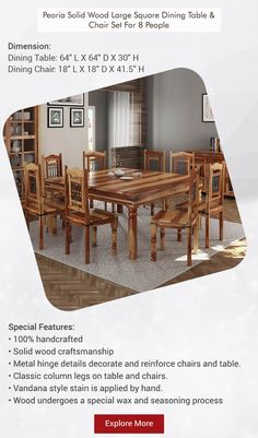 the dining room table and chairs are shown in this brochure, which is also available