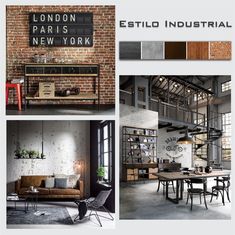 the interior of an industrial building with brick walls and exposed ceilings, including tables, chairs, bookshelves, and sofas