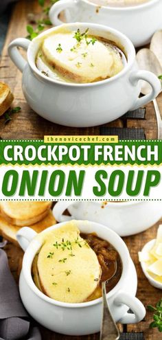 crockpot french onion soup is served in white bowls