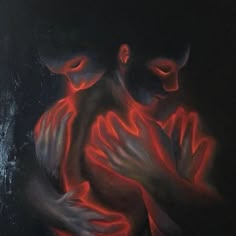 a painting of two people hugging each other with red light coming from their eyes and hands