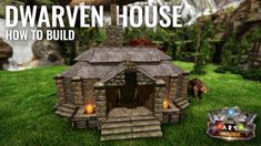 a small house made out of bricks and stone with the text dwarven house how to build