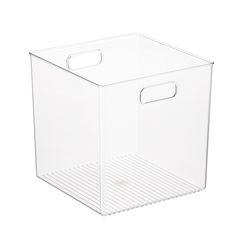 a clear plastic storage box on a white background