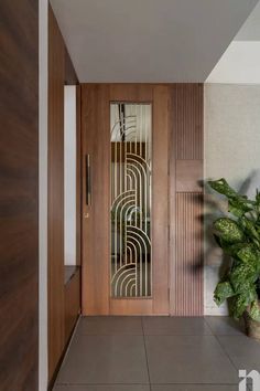 an entryway with a potted plant and decorative glass paneling on the door