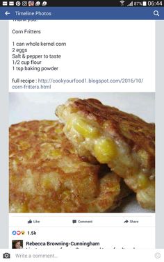 two pancakes with corn on top are shown in this screenshot from the facebook page