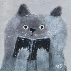 a painting of a gray cat with two eyes