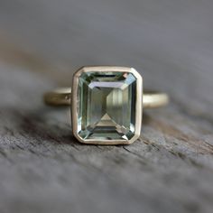 Emerald Cut Green Amethyst Ring, Prasiolite Ring - Madelynn Cassin Designs Luxury Green Amethyst Emerald Cut Rings, Big Stone Rings Simple, Prasiolite Ring, Green Amethyst Ring, Green Rings, Colored Stone, Emerald Engagement, Amethyst Jewelry, Emerald Engagement Ring