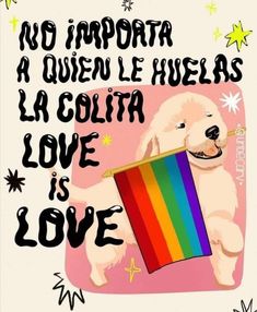 a white dog holding a rainbow cup with the words love is love written on it