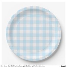 a blue and white checkered paper plate