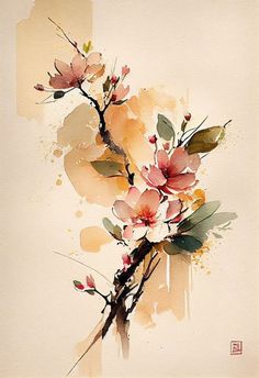 a painting of flowers on a branch with watercolor paint splatters around it