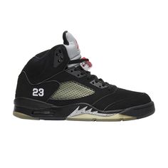 Find JORDAN 5 Retro 'metallic' 2007 on Editorialist. This 2007 retro of a 1990 OG colorway features a black nubuck upper with a reflective 3M tongue. The translucent mesh matches part of the outsole, which also appears in black. The signature shark-tooth detailing sports a speckled silver, while Fire Red accents are limited to the Jumpman on the tongue, the lace toggle and the ‘Air Jordan’ inside the tongue. The ’23’ on the ankle is embroidered in metallic silver, which did not appear on the original model. Black Throwback Basketball Shoes With Boost Midsole, Throwback Black Basketball Shoes With Boost Midsole, Black Throwback Sneakers With Boost Midsole, Throwback Black Sneakers With Boost Midsole, Throwback Black Basketball Shoes For Streetwear, Black High-top Basketball Shoes With Padded Tongue, Retro 5 Jordans, Pretty Sneakers, Jordan 5 Retro