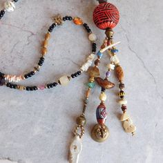 Vintage Bead Collection Necklace w/ Large Carved Cinnabar Focal Bead - Bone, Hand-Painted Porcelain, Art Glass, Mother of Pearl, Long Tassel