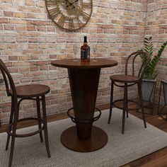 a table and chairs in front of a brick wall with a clock on the wall