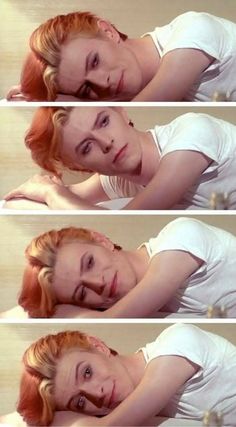 four images of a woman with red hair and white shirt laying on the floor in front of a mirror