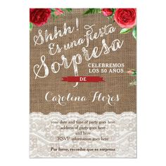 a wedding card with red roses on burlock and lace, in spanish language