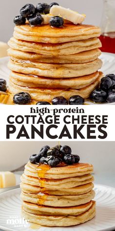 blueberry pancakes stacked on top of each other with the words high protein cottage cheese pancakes