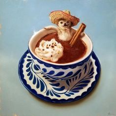 a painting of a bowl of hot chocolate with marshmallows and a teddy bear