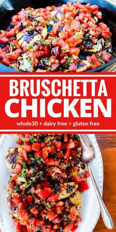 broccoli, tomatoes and other vegetables in a skillet with the words bruschetta chicken