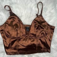 Brand: Shein Brand New Never Worn Brown Cropped Party Top, Casual Brown Crop Top For Party, Bandana Top, Light Blue Top, Satin Crop Top, Rose Shirts, Off Shoulder Crop Top, Brown Satin, Floral Peplum