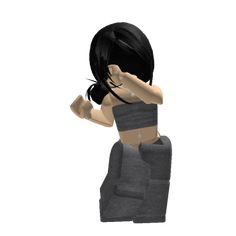 an animated woman with black hair wearing a gray dress and holding her hand up to her face