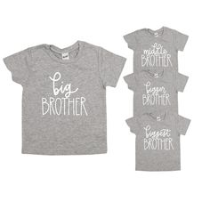 This listing is for one of our big brother tshirts.  The coordinating little brother bodysuits are sold separately, on their own or as part of coming home outfits.  ** About the Designs ** Our designs are exclusive to this shop.   All of the designs are not from a font, they were hand-lettered by an artist.   **About the shirt ** Size chart in listing.  Designs are applied via screen print transfers with a professional grade heatpress.  They have a matte finish and will withstand many washes. ** Big Brother Tshirts, Big Brother Announcement, Big Brother Shirt, Screen Print Transfers, Boys Tops, Brother Shirts, Big Photo, Little Brother, Star Shirt