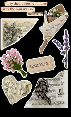 an assortment of stickers with flowers and words on them that say, may the flowers remind us why the rain was so necessary