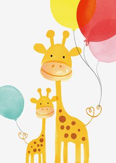 two giraffes are holding balloons in their mouths