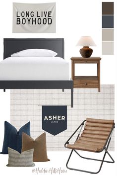 Blue and brown teen boys bedroom decor mood board Boys Bedroom Decor Ideas, Teen Boys Bedroom, Teen Boy Bedroom Decor, Boy Sports Bedroom, Boys Room Rugs, Teenage Boy Room, Grey Bed Frame