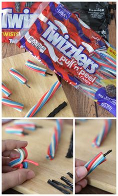 the process for making candy bars with twinkies is shown in three different pictures