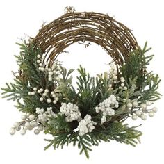 a wreath with white flowers and greenery