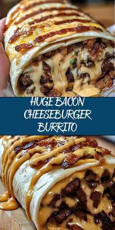 the bacon cheeseburger burrito has been cut in half