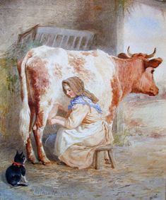 a painting of a woman milking a cow with a cat sitting next to it