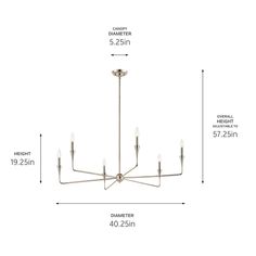 the chandelier is shown with measurements for each light fixture and height to fit