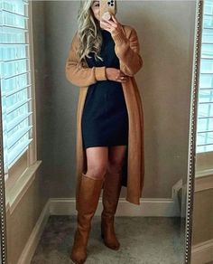 Dress With Long Boots Fall Outfits, Long Brown Dress Outfit Winter, Fall Thigh High Boots Outfit, Brown Boots And Dress Outfit, Long Dress And Boots Outfit Winter, Outfits With Cognac Boots, Dress With Knee High Boots Fall Outfits, Tall Boots With Skirt, Dressy Outfit With Boots