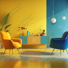 a living room with two chairs and a table in the corner, painted yellow and blue