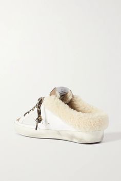 White Superstar Sabot shearling-lined distressed glittered leather slip-on sneakers | GOLDEN GOOSE | NET-A-PORTER Fuzzy Golden Goose, Golden Goose Slippers, Golden Goose Slides, Designer Low-top Winter Sneakers, Winter Low-top Sneakers With Leather Sole, Fur Sneakers, Beach Boutique, Fuzzy Slippers, Golden Goose Shoes